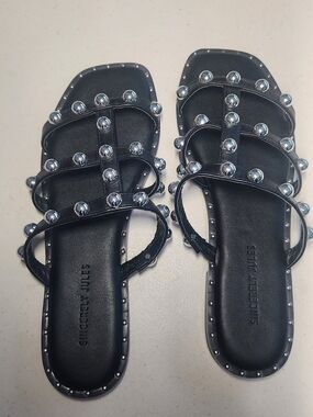 Sincerely Jules Black Studded Multi-Strap Slide Sandals